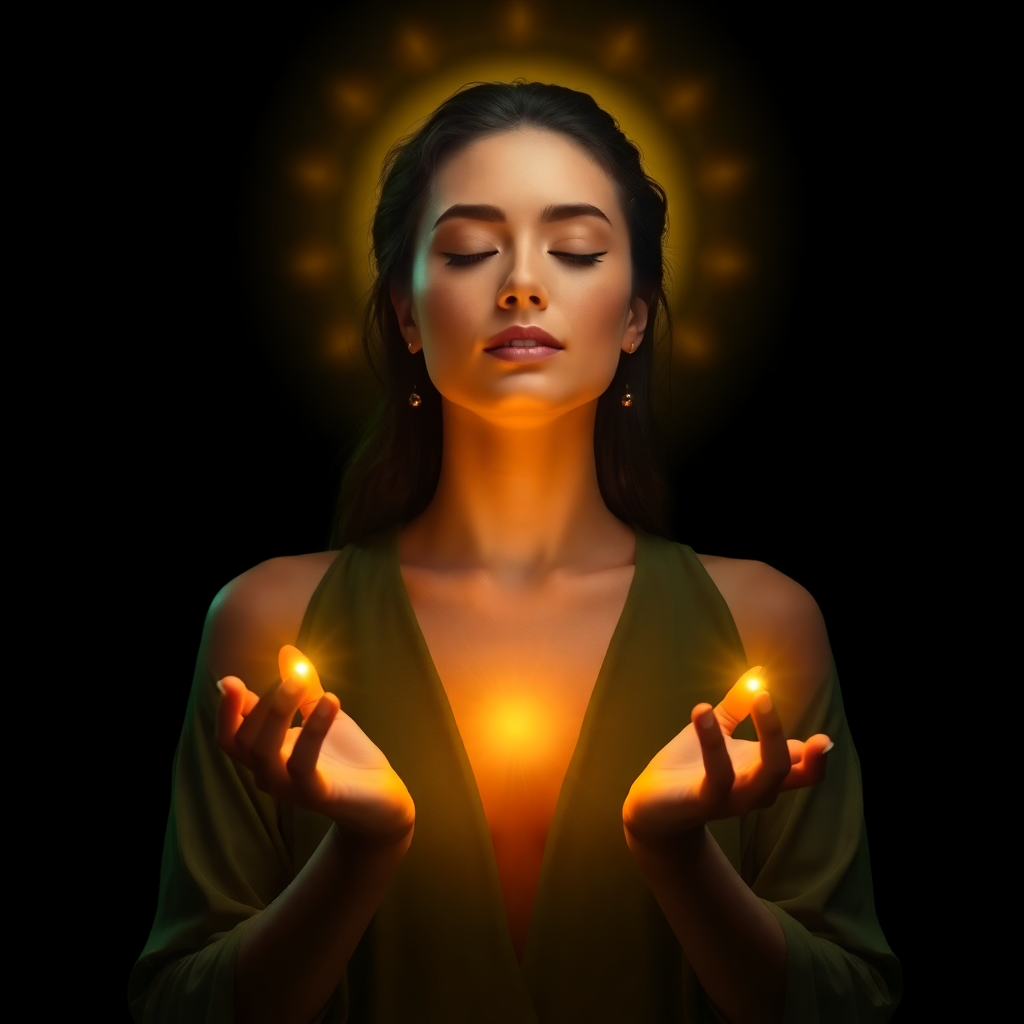 Intuitive female energy healer with closed eyes, glowing chakra aura, hands in mudra position, ethereal golden light, spiritual meditation, luxury wellness photography, black and emerald background