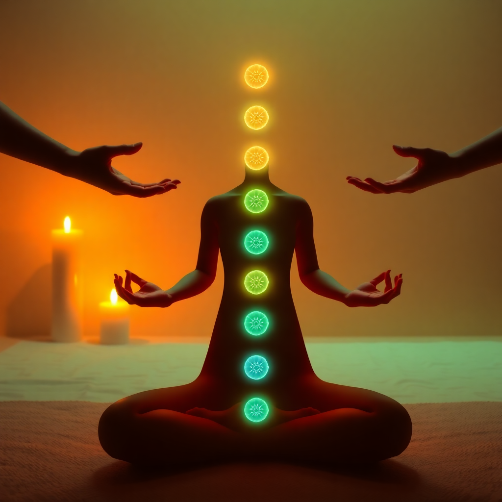 Chakra balancing session, energy healing hands over body, glowing seven chakras, spiritual energy transmission, luxury healing treatment room
