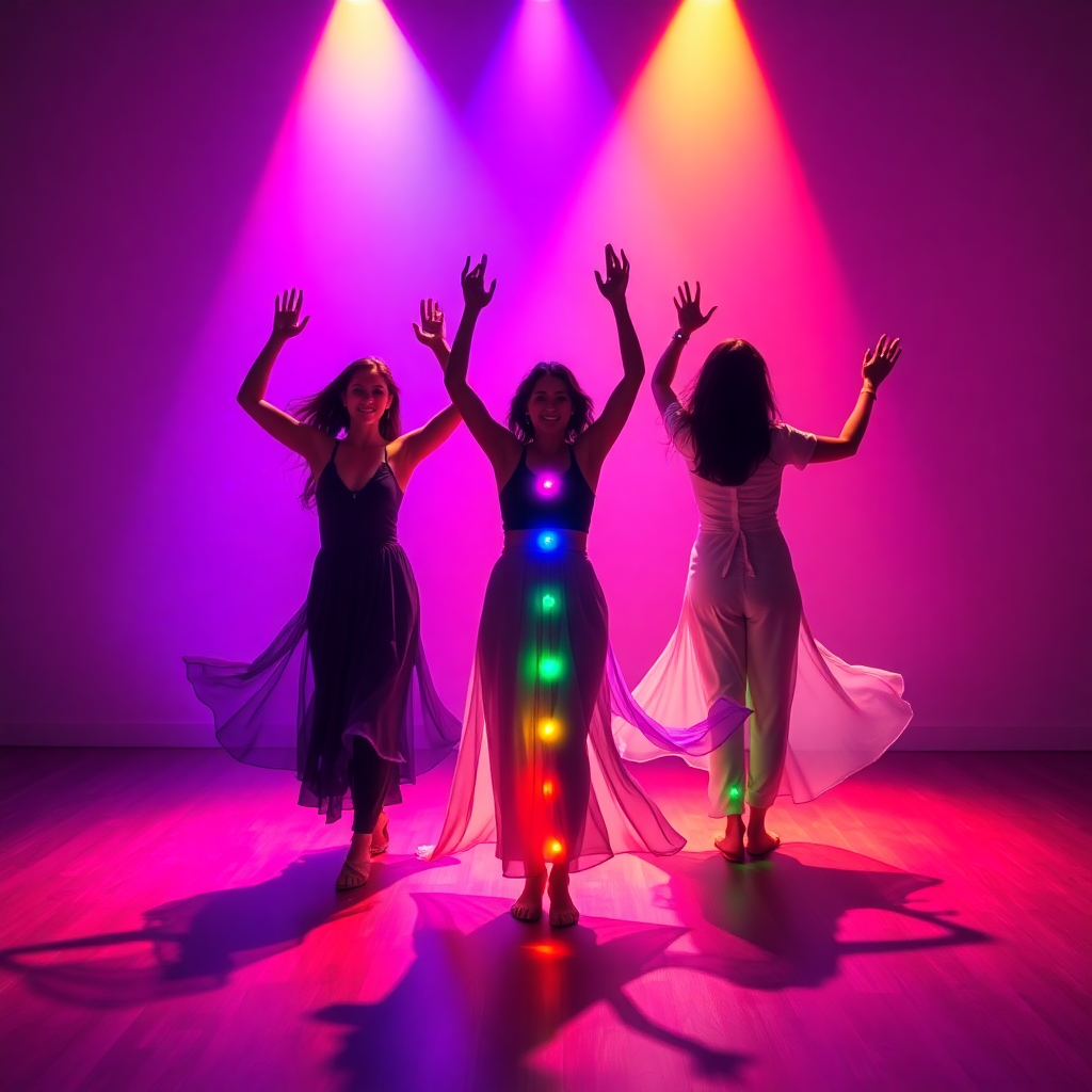 Chakra dance therapy, women dancing freely, flowing movement, colorful chakra lights, ecstatic dance healing, spiritual movement practice