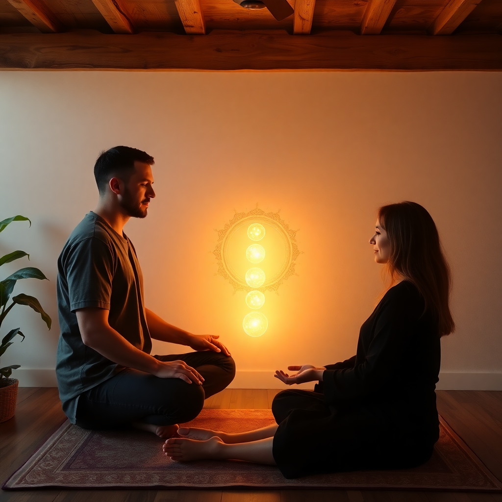 Deep emotional healing session, root chakra work, spiritual counseling, energy healer explaining insights, compassionate healing dialogue, premium wellness setting