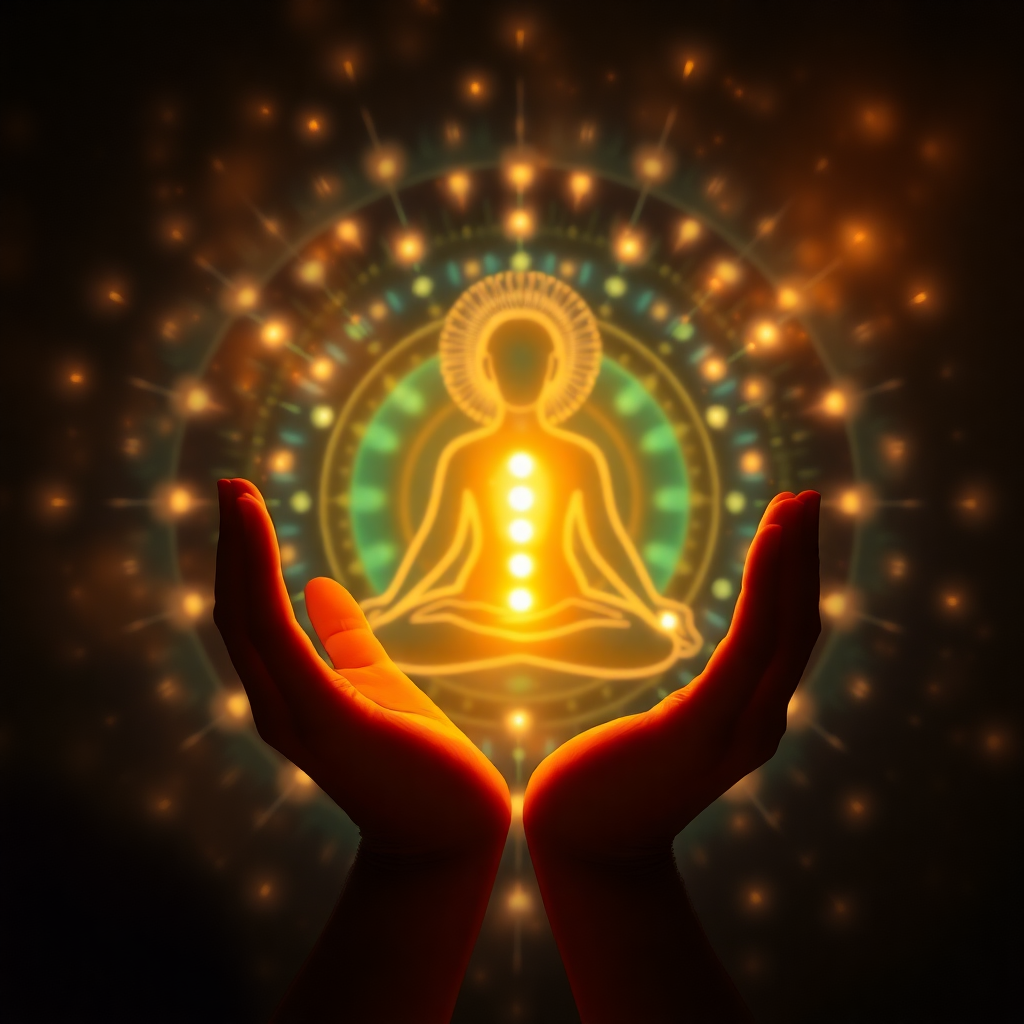 Energy healer scanning aura with hands, glowing chakra visualization, ethereal light streams, intuitive reading session, spiritual assessment, luxury wellness photography