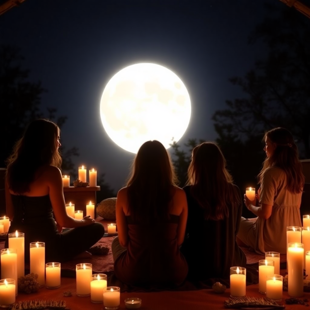 Full moon ritual ceremony, women in circle, candles and crystals, moonlight healing, spiritual gathering, luxury wellness retreat setting