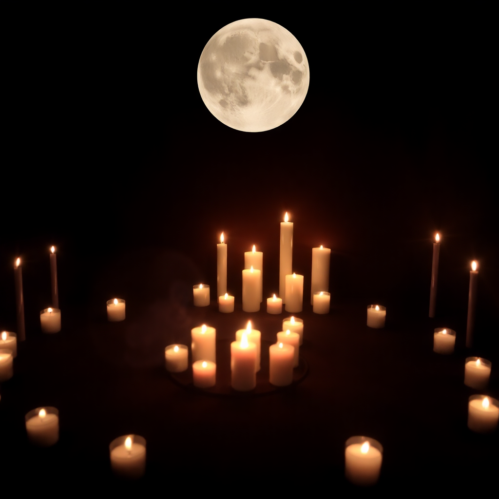 New moon intention setting ceremony, sacred space with candles, meditation circle, spiritual intention ritual, dark mystical ambiance