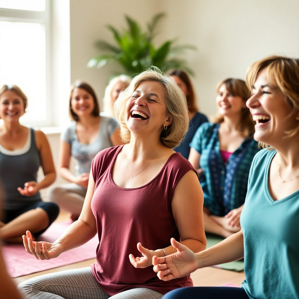 Laughter yoga session, joyful women laughing together, healing through laughter, group wellness activity, bright positive energy